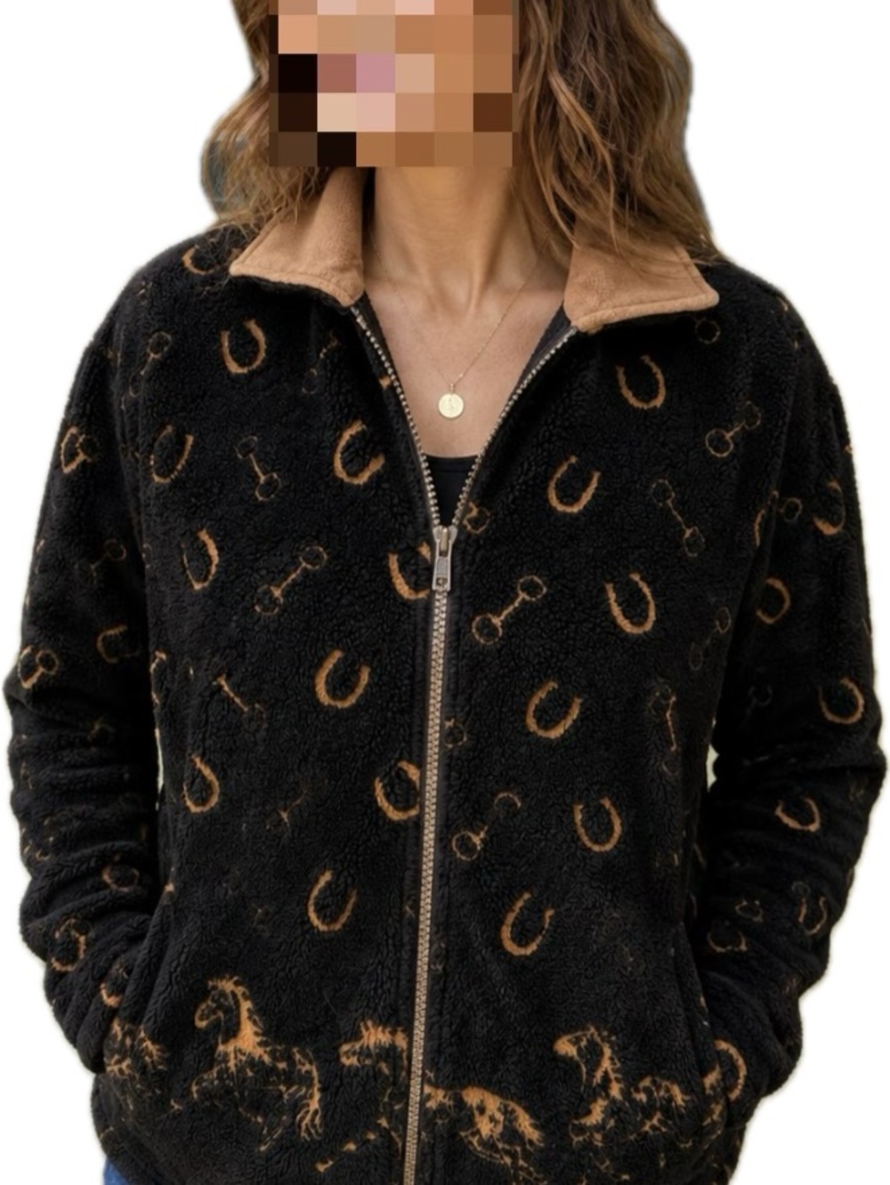 Black Sherpa Zip Jacket with Brown Horseshoe & Equestrian Print